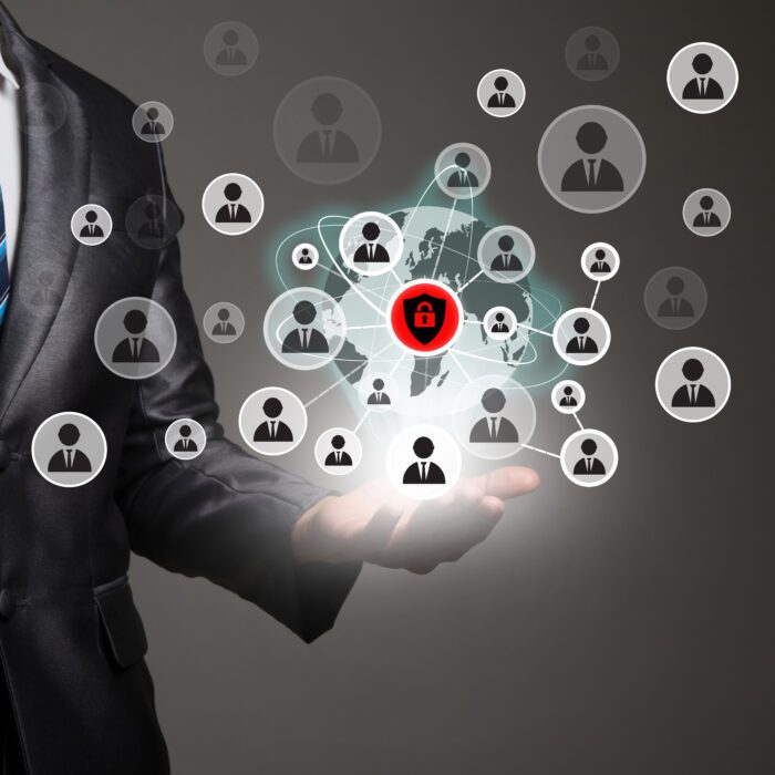 Businessman hand with people icons network connection. Business Businessman hand with people icons network connection. Business communication concept.