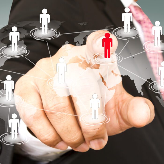 Social Network concept : hand point to social network and world Social Network concept : hand point to social network and world map